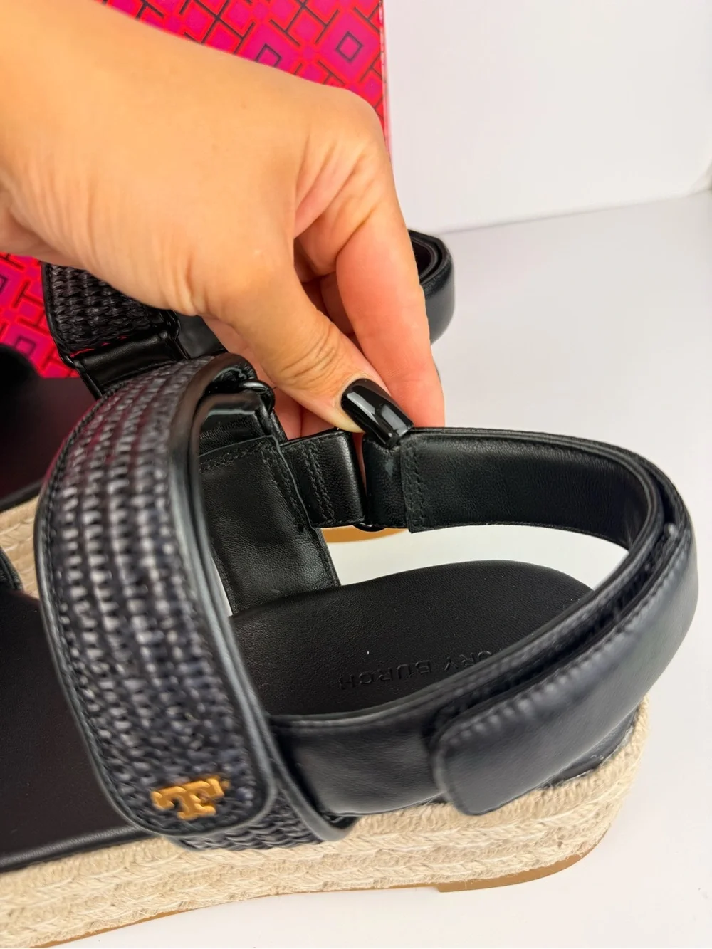 Tory Burch Diego Sport Espadrille Sandals Perfect Black Raffia Platform 8 READ